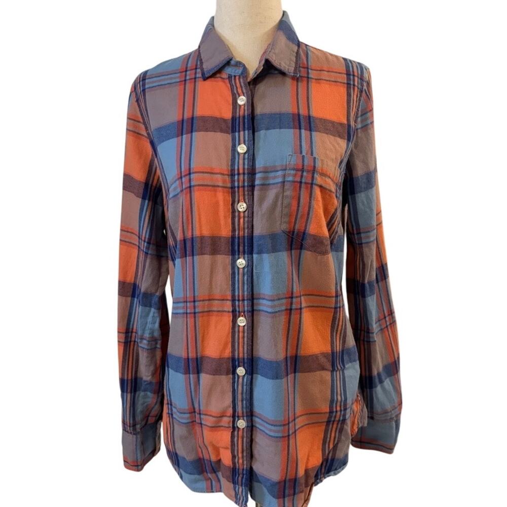 J. Crew Women's Flannel Perfect Shirt Plaid Orange Blue Size Small 100% Cotton